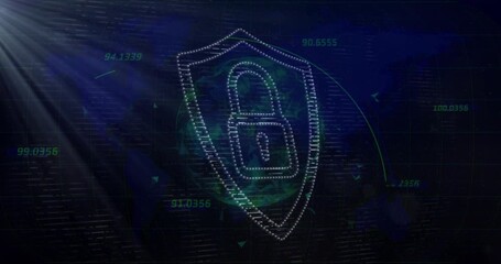 White light sweeping numeric grid starting pulsing green arcs forming padlock shield securing data - Powered by Adobe