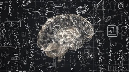 3D neural brain model appearing on chalkboard formulas rotating and pulsing to visualize chemistry - Powered by Adobe