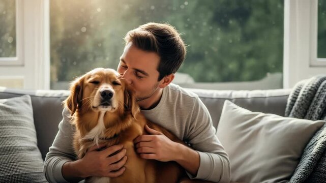man gently kisses contented golden-brown dog on cozy grey sofa Sunlight streams through window illuminating their affectionate bond amidst soft cushions and knitted throw blanket warm peaceful scene