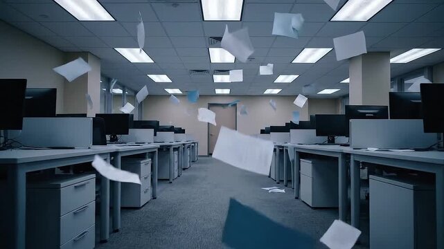 Chaotic scene in a deserted corporate office as documents and papers fly through the air between empty workstations