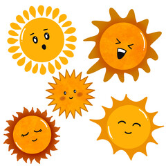 set of cartoon sun doodle with emoticon