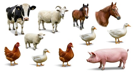 Fototapeta premium Diverse Collection of Domestic Farm Animals, Featuring Various Livestock and Poultry, Isolated on White Background for Agricultural and Educational Concepts