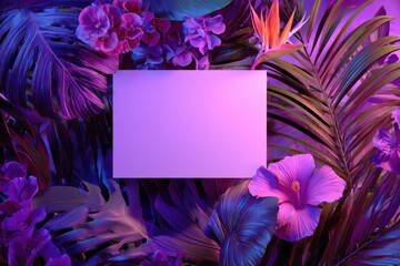A vibrant display of tropical foliage, with a blank rectangle centered for text, lit in neon