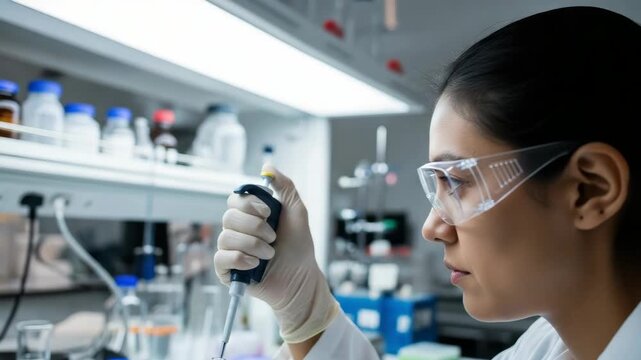 focused scientist in safety goggles and white gloves meticulously uses pipette to transfer liquid into small test tube within brightly lit laboratory filled with various glass containers - Powered by Adobe