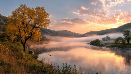 Autumnal sunrise over a misty river valley.  A golden-leafed tree stands beside a tranquil river, framed by rolling hills bathed in soft morning light