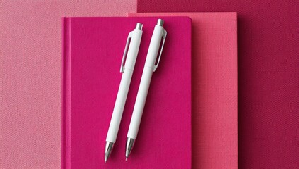 Two white pens rest on top of stacked magenta notebooks