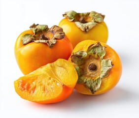Three ripe persimmons, one sliced, on a white background