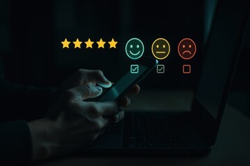 Person using smartphone with five star rating and smiley icons showing customer feedback and satisfaction survey  
