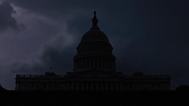 Iconic governmental structure silhouetted against a dramatic and foreboding twilight sky, symbolizing the weight of national governance and significant policy decisions