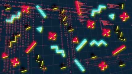 Opening navy grid launching neon shapes drifting on screen for simulating streaming code display - Powered by Adobe