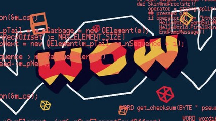 On navy screen, polygon fading, cubes drifting, WOW emerging, code scrolling, emphasizing text - Powered by Adobe