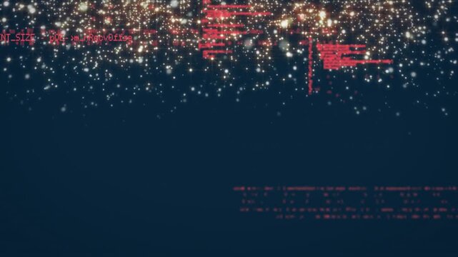 After golden shimmer appearing red code clusters shifting, dissolving and revealing blue canvas