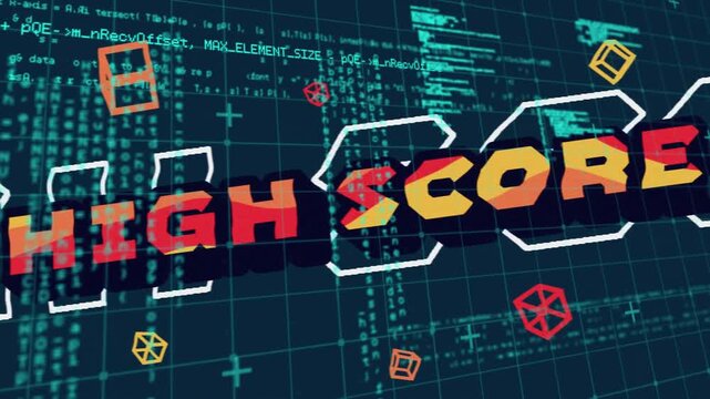 Cascading code streams on grid initiating HIGH SCORE reveal, cubes orbiting as letters dissolving