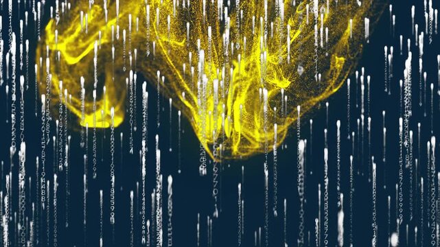 Numeric streams flowing then sparking yellow swirl weaving through code showing digital data flow - Powered by Adobe