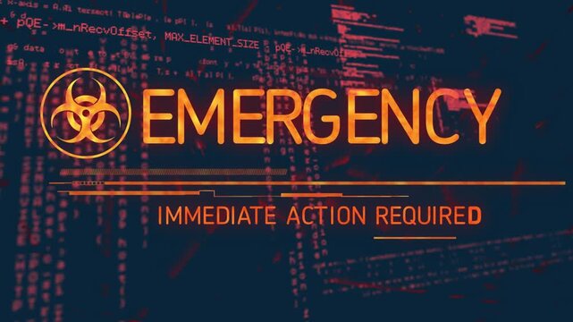 Biohazard icon sliding in over code UI, bar growing, text correcting into emergency action warning