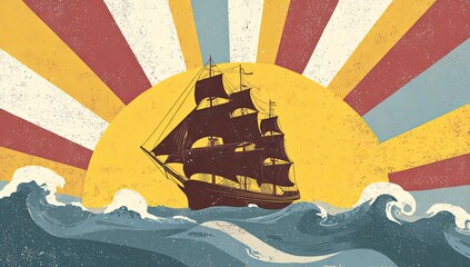 A sailing ship silhouette glides across ocean waves, set against a vibrant sunrise backdrop