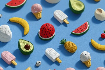 Whimsical miniature food items, including ice cream and fruit, scattered on a light blue surface