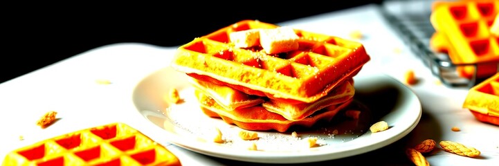 Delicious waffles stacked on a plate with butter and powdered sugar in a cozy kitchen setting - High Contrast