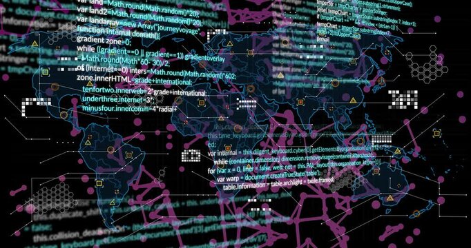 Code running, map emerging, hex grid overlaying, lines connecting nodes, visualizing data network