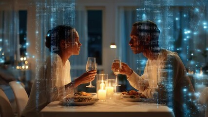 A man and woman share a romantic dinner, clinking glasses in a softly lit room with digital effects overlaying the scene. The ambiance blends classic romance with a touch of futuristic technology - Powered by Adobe