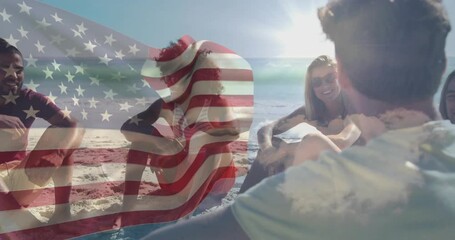 Curly-haired woman adjusting hat leading transparent US flag overlay for travel, group laughing - Powered by Adobe
