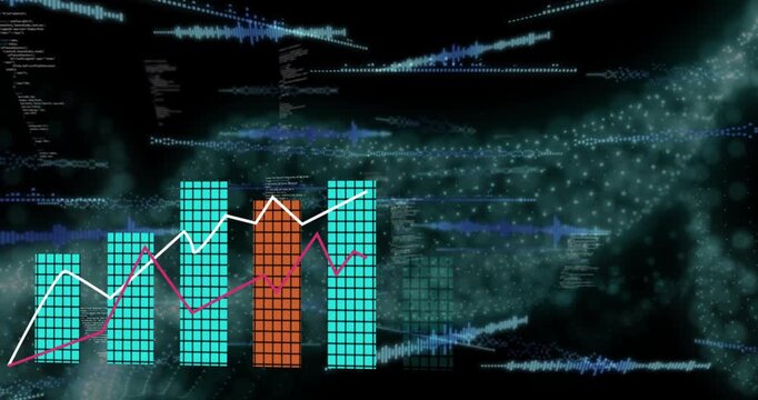 Initial frame showing teal wave flowing on black, bars emerging and lines animating data trends