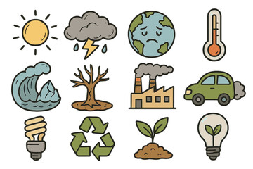 Climate change icon set. Hand-drawn doodle elements of weather, environment, sustainability. Global warming, pollution, ecology concepts. Vector cartoon illustration stickers.