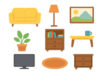 Living room furniture and home decor icon set. Modern flat design vector cartoon illustration. Interior design elements collection with sofa, lamp, tv, table, plant and rug.