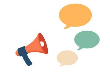 Megaphone with speech bubbles for announcement, marketing, or news. Flat vector graphic of a loudspeaker for communication, promotion, and important messages. Dialogue and alert icon.