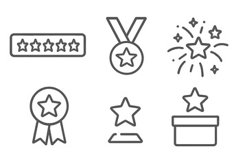 Star icon set in thin line style. Five stars for rating, review, and feedback. Medal, trophy, and award ribbon for winner achievement. Celebration firework and bonus box. Vector.