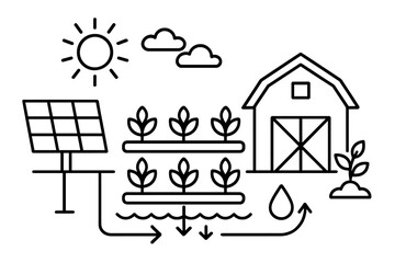 Sustainable agriculture with hydroponic system and solar panel energy. Outline vector illustration of a smart farm, vertical farming, and efficient water irrigation for eco-friendly food.
