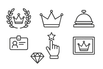 VIP line icon set for exclusive status, premium service, and luxury concepts. Vector collection with crown, diamond, ID pass, and rating star. Royalty member and hotel access.