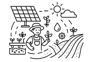 Sustainable agriculture concept with farmer. Hydroponics and solar panel. Green energy farming. Eco friendly smart farm technology. Renewable resource cultivation method.