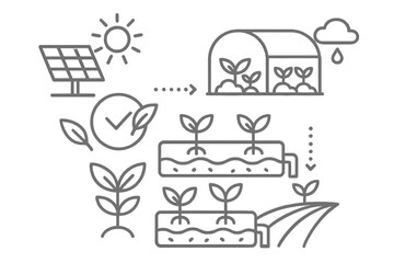 Sustainable agriculture line icon set. Hydroponics system with solar panel energy. Smart farming, eco-friendly food production in a greenhouse. Organic plant growth cycle vector.