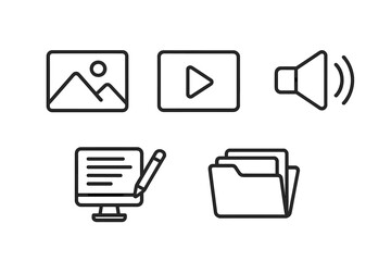 Web content line icon set. Photo, video, audio, blogging, and file folder symbols. Multimedia collection for digital marketing, UI, and UX website design. Vector illustration.