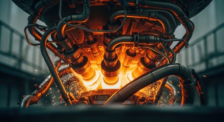 Industrial closeup on fuel injection system and metal tubing glowing during a cryogenic rocket engines hotfire on a test rig.