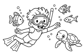 Cartoon boy snorkeling underwater with fish and turtle. Line art vector illustration for a coloring book page. Child on a summer vacation sea adventure exploring marine life.