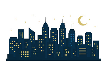 City skyline at night vector illustration. Urban cityscape silhouette with skyscrapers. Downtown metropolis architecture with moon and stars. Modern flat design background.