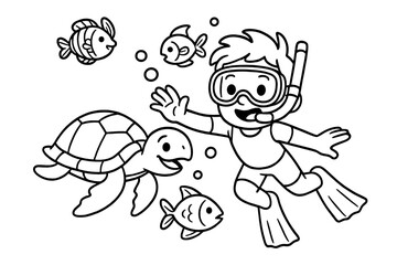 Snorkeling boy with turtle and fish, underwater sea adventure. Vector line art for coloring book page. Child on summer vacation, ocean exploration. Marine life cartoon set.