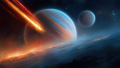 Cosmic planets with vibrant colors; fiery debris streaks across the atmosphere