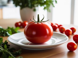 
High-Detail Tomato Still Life – Shiny Red Skin with Green Leaves on Plate, Natural Light Reflection and Clean Professional Kitchen Styling

