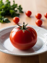 Shiny Red Tomato on Ceramic Plate – Ultra-Detailed Fresh Produce with Green Leafy Top and Smooth Surface in Bright Natural Kitchen Styling

