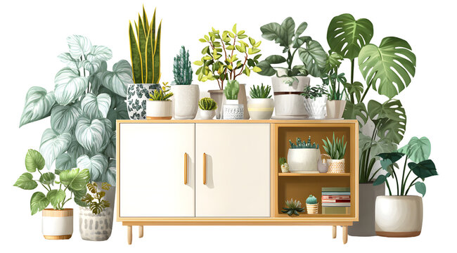 A curated collection of lush green houseplants, cacti, and succulents, displayed atop a wooden cabinet, creating a vibrant and serene indoor scene, ideal for home decor and botanical themes with a...