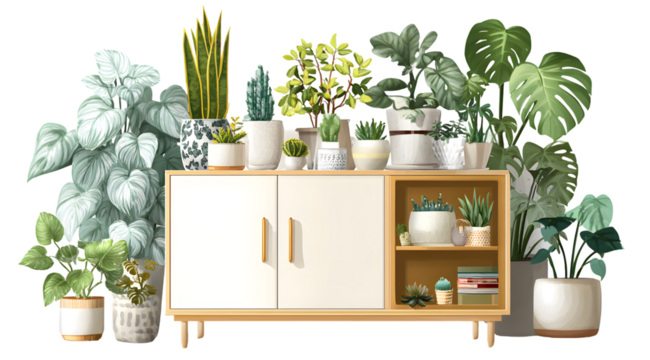 A curated collection of lush green houseplants, cacti, and succulents, displayed atop a wooden cabinet, creating a vibrant and serene indoor scene, ideal for home decor and botanical themes with a...