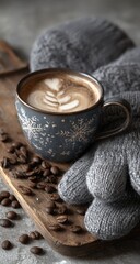 Cozy winter coffee scene.  A mug of latte art coffee, decorated with snowflakes, sits on a wooden board with coffee beans.  Grey knitted mittens are nearby