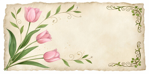 Floral Elegance: A delicate bouquet of pink tulips and elegant swirls, presented on a textured background. capturing the serene beauty of nature in soft watercolor hues and intricate details.