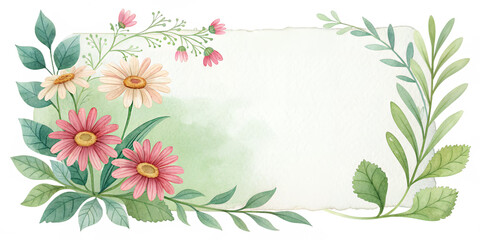 Floral Flourish: Watercolor botanical frame perfect for text, elegantly adorned with vibrant flowers and verdant leaves, evokes a sense of freshness and beauty.