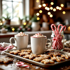 “Holiday baking scene with gingerbread cookies on a tray, two mugs topped with whipped cream and crushed candy canes, festive decorations, and cozy warm Christmas atmosphere”