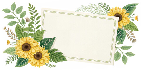 Floral Card & Blank Space: A botanical composition with a pair of bright sunflowers elegantly frames a blank card, offering space for custom text or imagery.