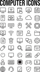 45 Minimal Computer and Technology Line Icons Set – Black Outline Symbols on White Background